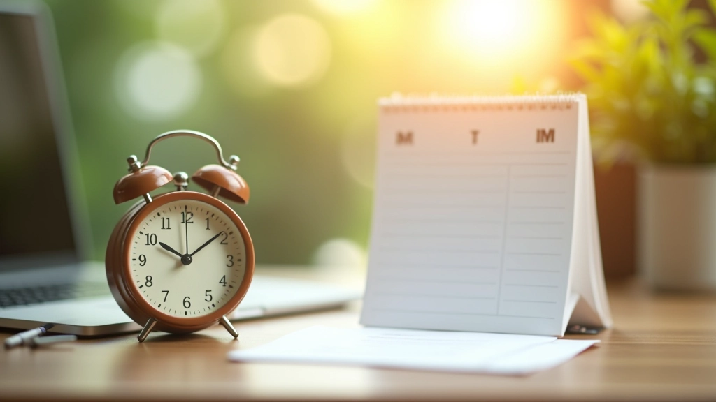 Clock on desk showing end of work day, calendar marked with clear working hours, organized workspace showing structured time management