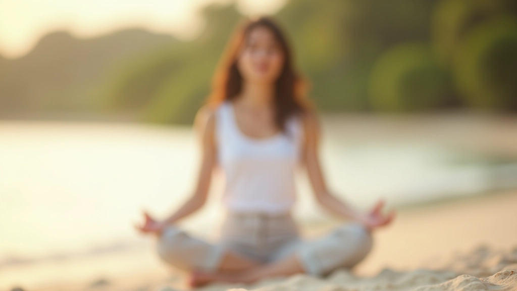 Person meditating by the seaside at East Coast Park, calm waters and palm trees in background during golden hour sunset