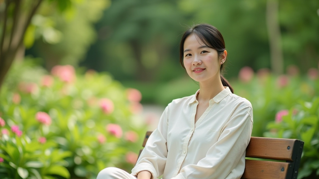 Woman sitting on wooden bench in botanical garden surrounded by flowering plants and trees, peaceful moment of reflection